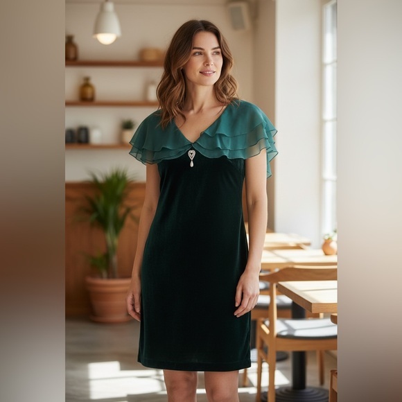 Cachet Dresses & Skirts - Elegant Vintage emerald  green velvet and chiffon with broch  dress size 15/16